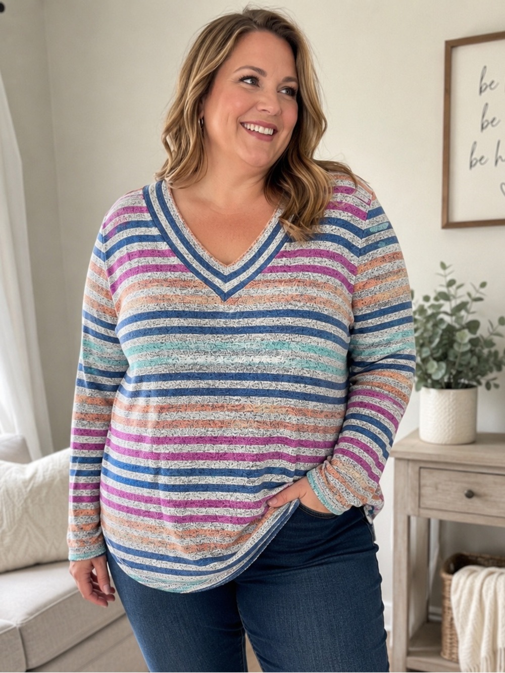 Lane Bryant Rainbow Stripe Hacci Sweater Top 14/16 Colorful Cozy Soft V Neck